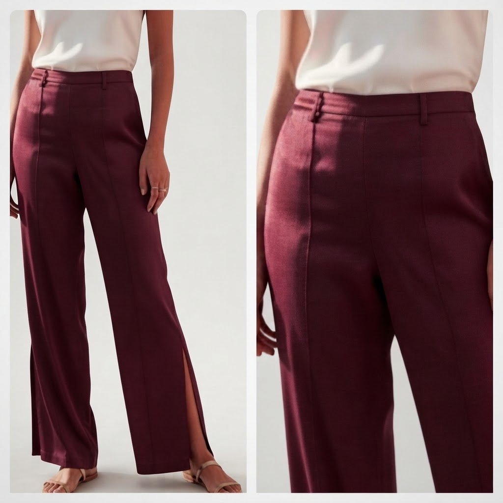 Pantalon satiné rouge bordeaux clair avec deux fentes latérales et des boutons cachées Zara