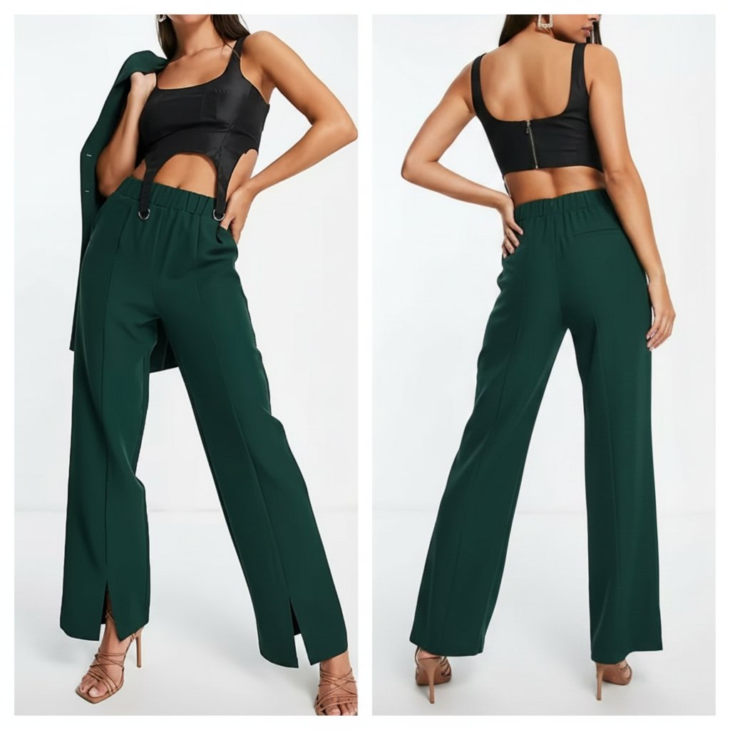 Pantalon large taille haute avec deux fentes du devant et taille élastique 