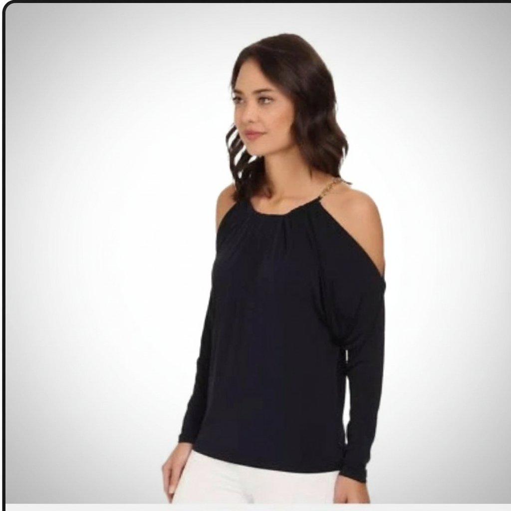 Très jolie blouse noire à épaule dénudée et bretelles en chaîne silver taille 40/42 Michael Kors