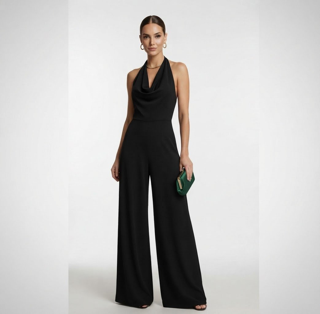 Combinaison soirée à pantalon large tissu lycra et fluide avec broche en diamant intégrée taille 38/40