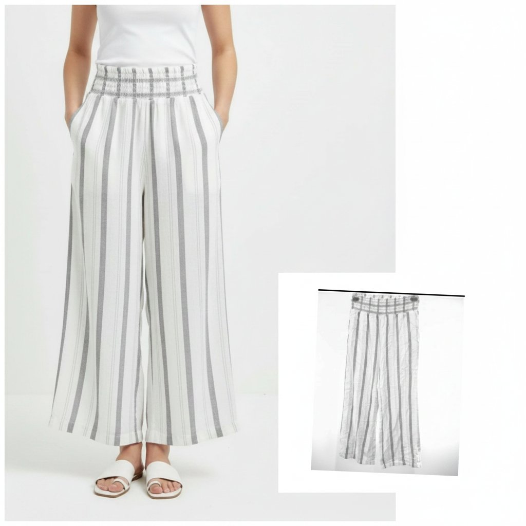 Pantalon large taille haute en lin mélangé blanc rayé de la marque Streetwea socity
