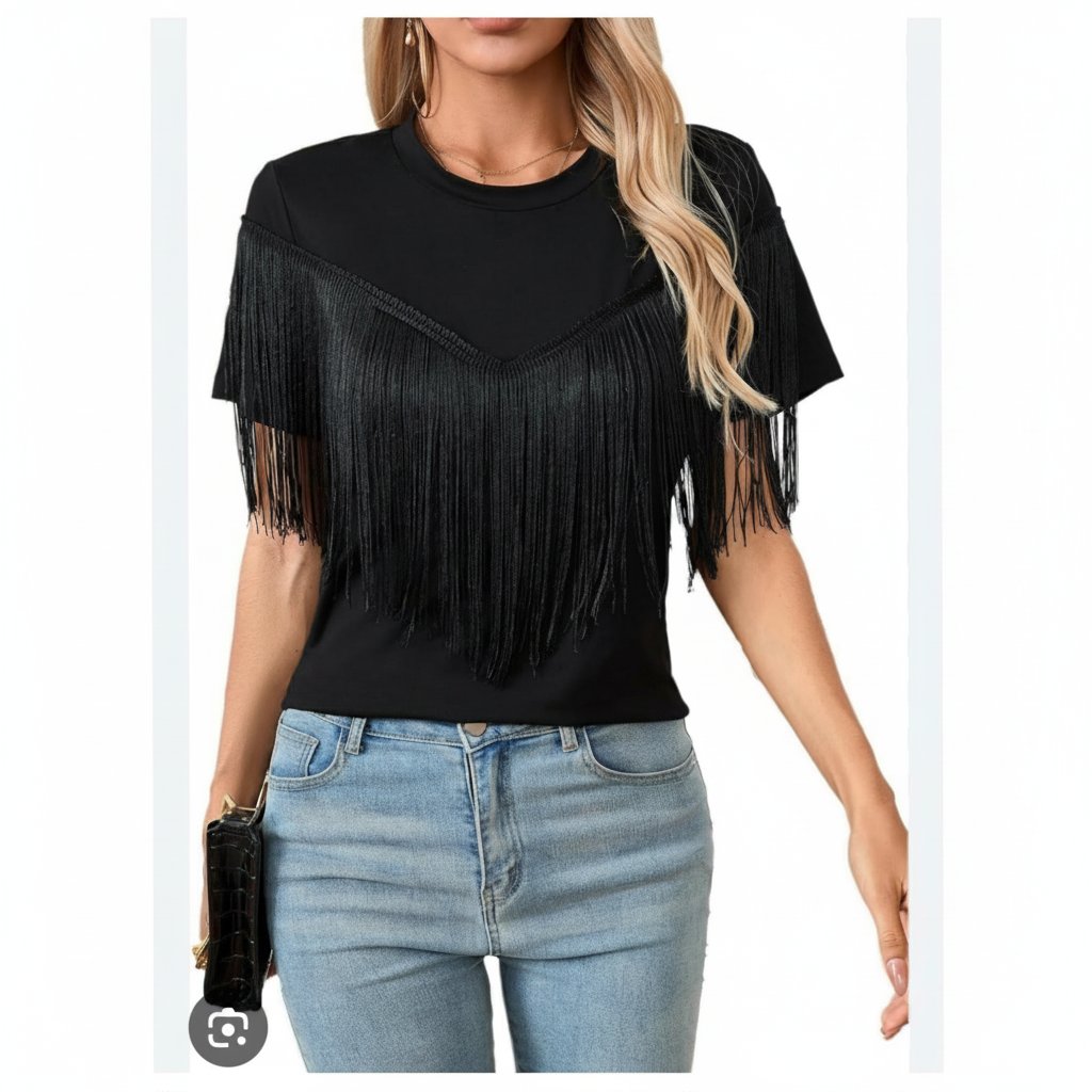 Pull noir avec frange et dentelle taille 38/40 Bershka