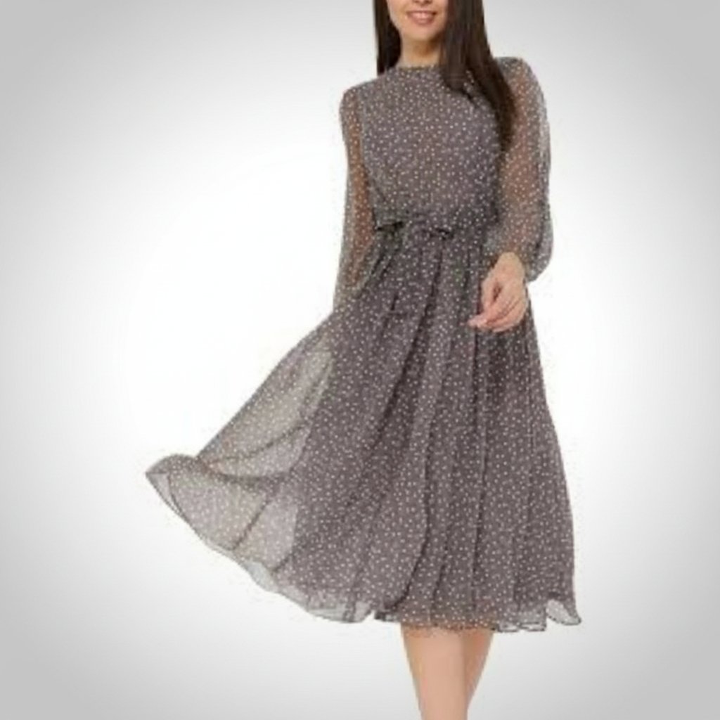 Robe midi doublée gris à pois blancs et manches longues et transparentes taille 40/42