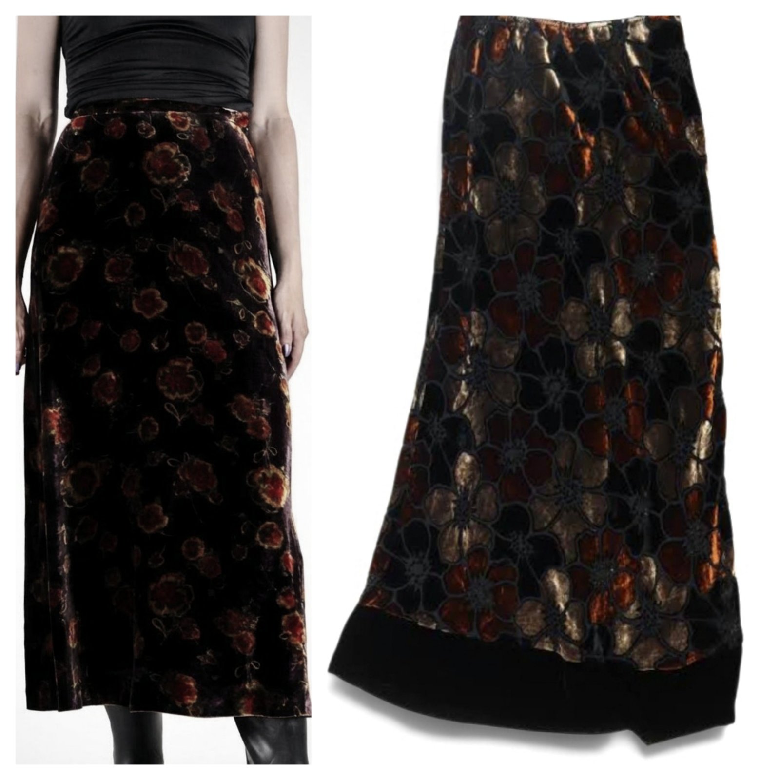 Très belle jupe noire longue velours en soie mélangée avec des fleurs en relief bronze noir et beige avec doublure taille 40/42 