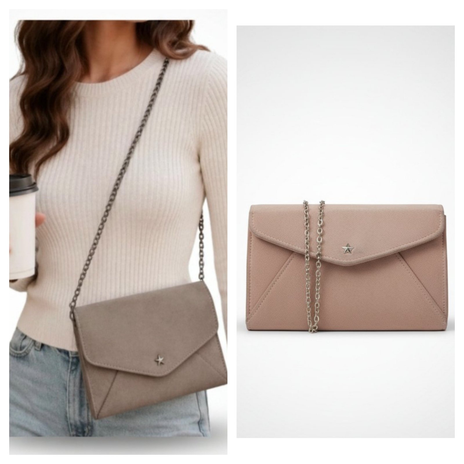 Petite pochette et sac à bandoulière chaine en daim beige nude Next