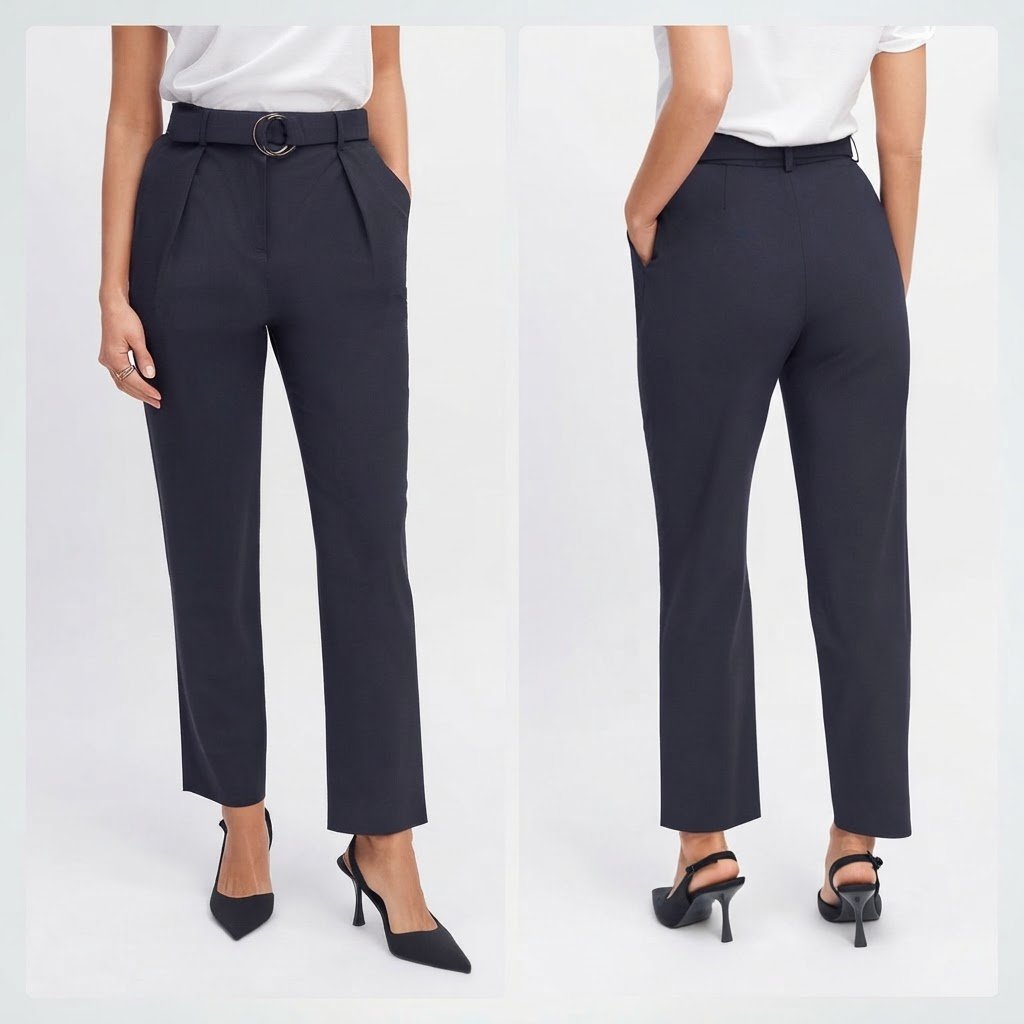 Pantalon chic bleu nuit avec deux poches zippées et taille haute demi élastique de la marque Sixth sens