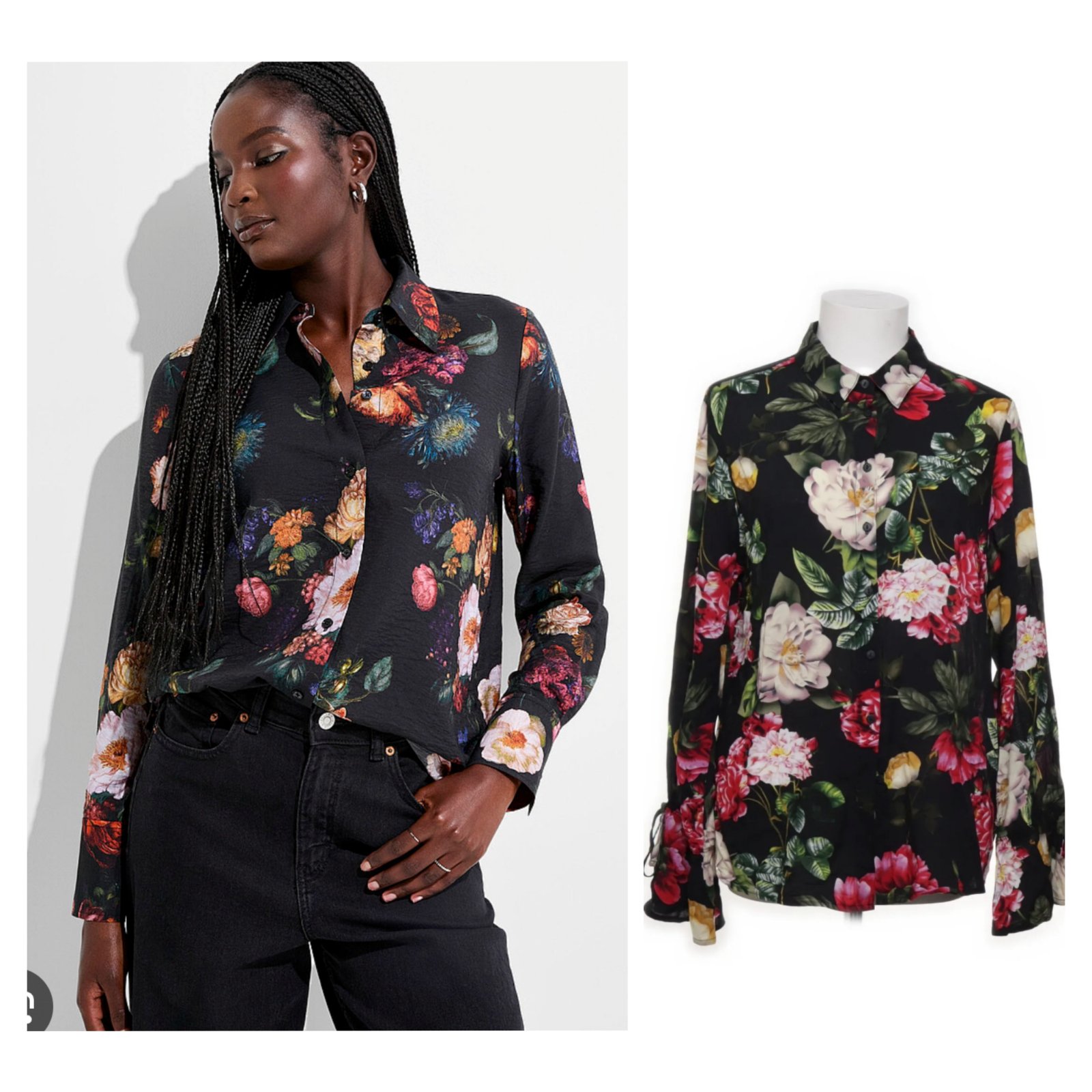 Jolie chemise noire imprimée florale manches longues et avec volant de la marque Viva Couture