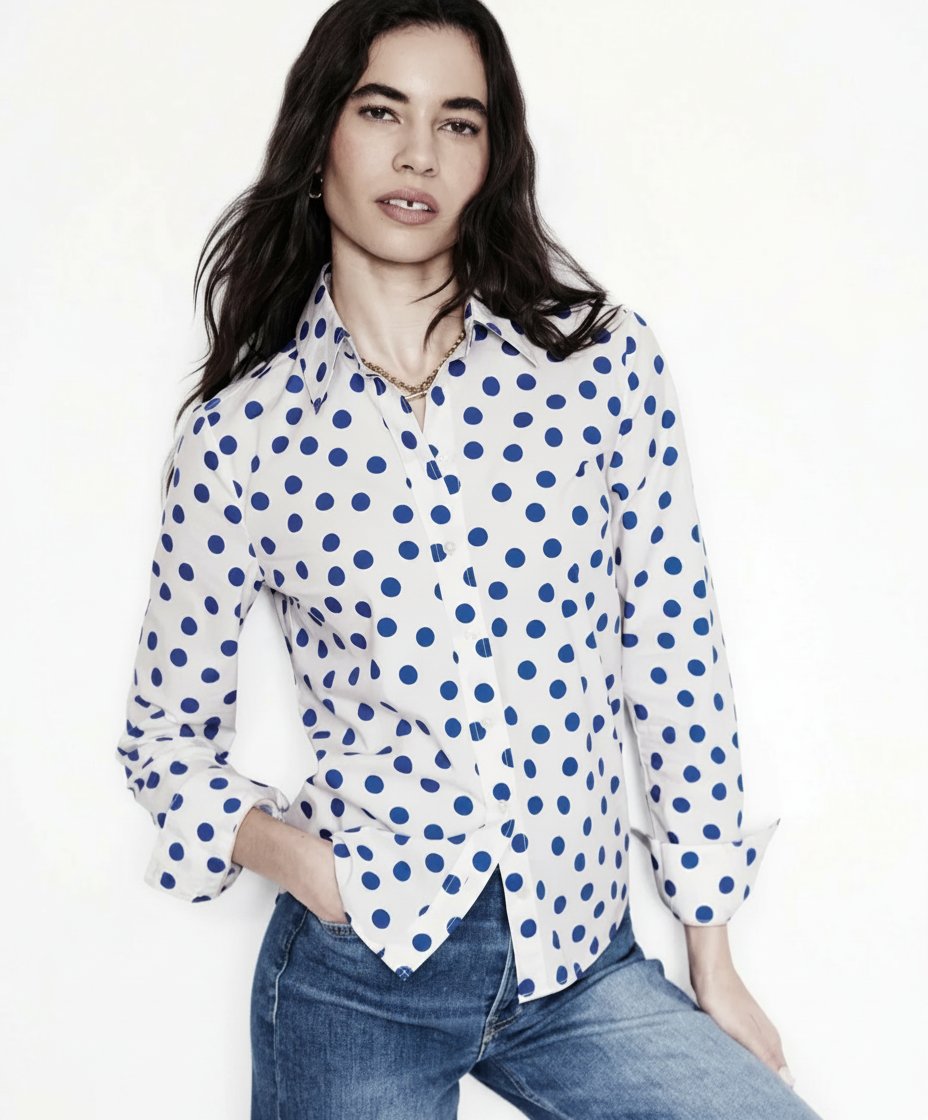 Jolie chemise blanche à pois bleu marine lycra en coton taille 38/40