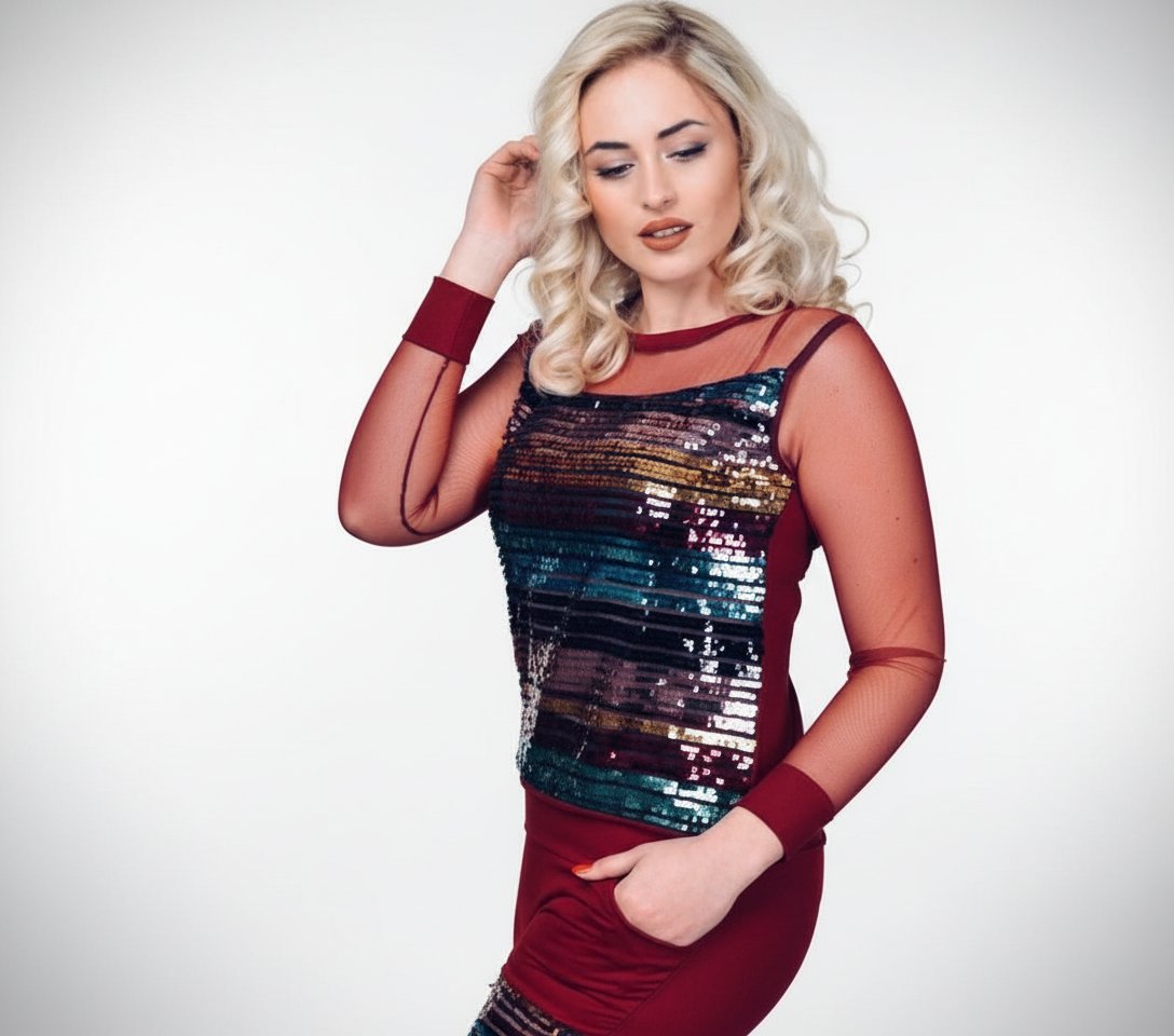 Joli pull  en sequin manches longues transparentes en coton burgandy taille 38/40