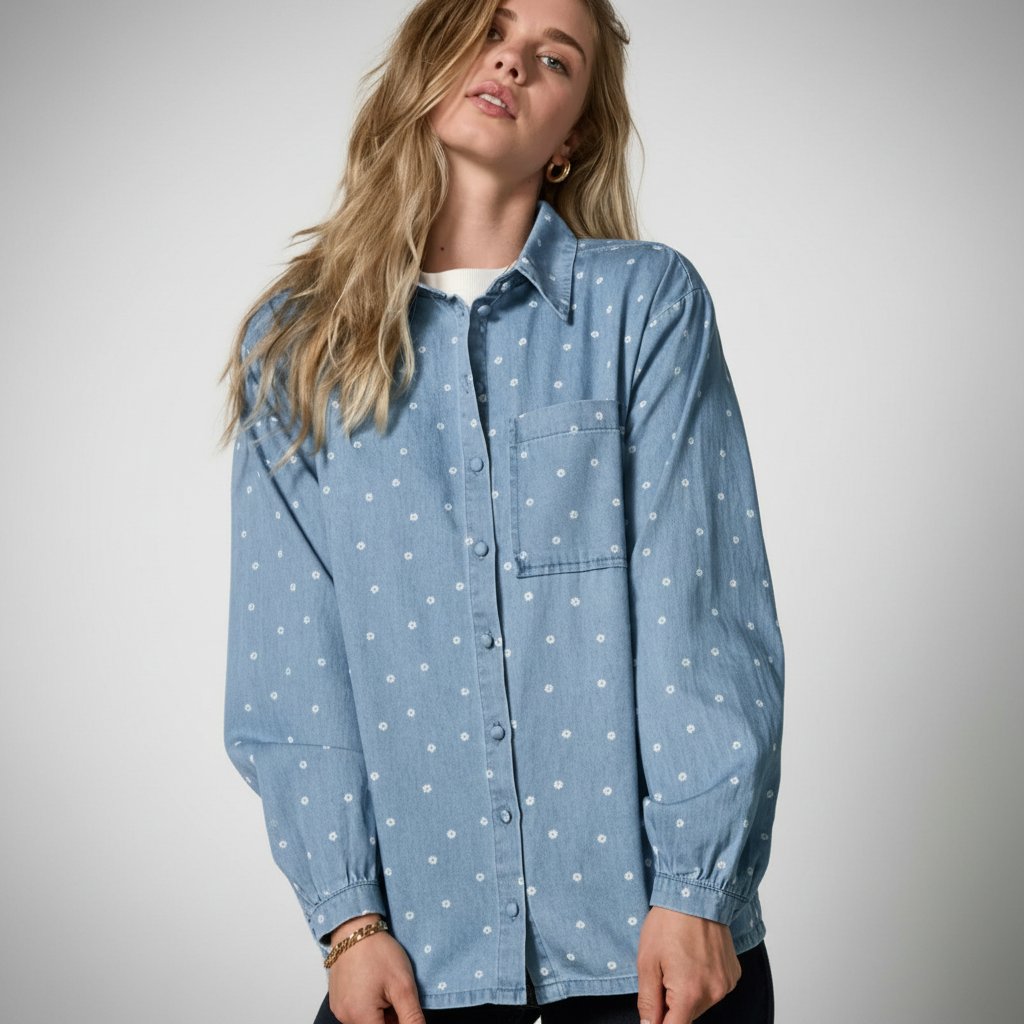Chemise denim bleu ciel avec des pois de couleur plus claire boutons cachées état neuf taille 38 de la marque edc by Esprit 