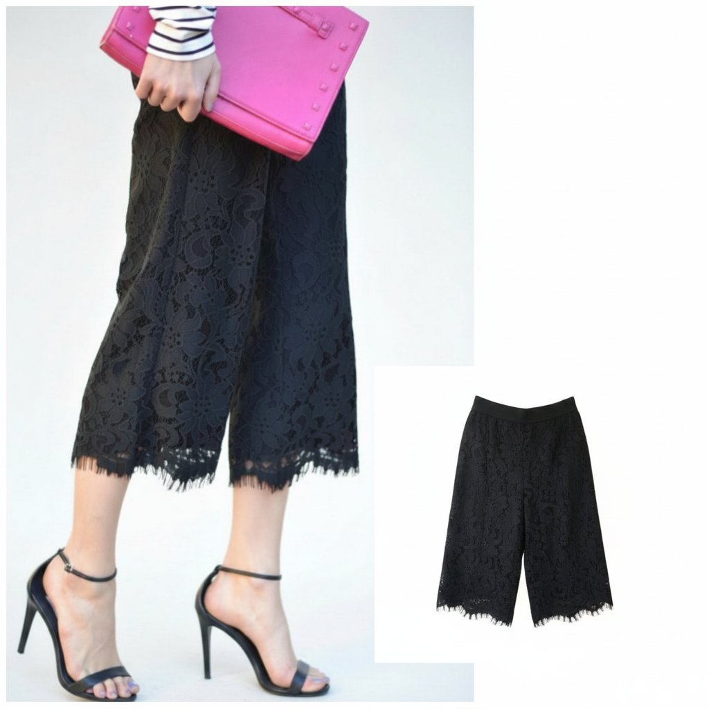 Jolie jupe culotte midi  doublée wide leg en dentelle bleu nuit  taille élastique de la marque italienne Gattinouni 