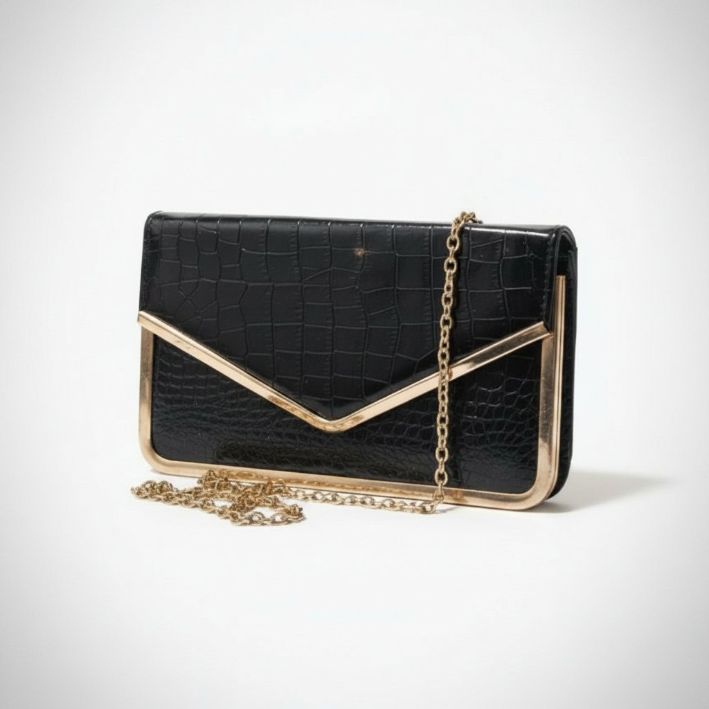 Pochette noire et dorée effet croco à bandoulière chaine amovible 