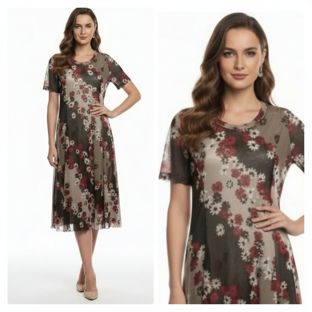 Robe midi couleur principale marron et bordeaux avec doublure demi manches transparentes de la marque Lina .T