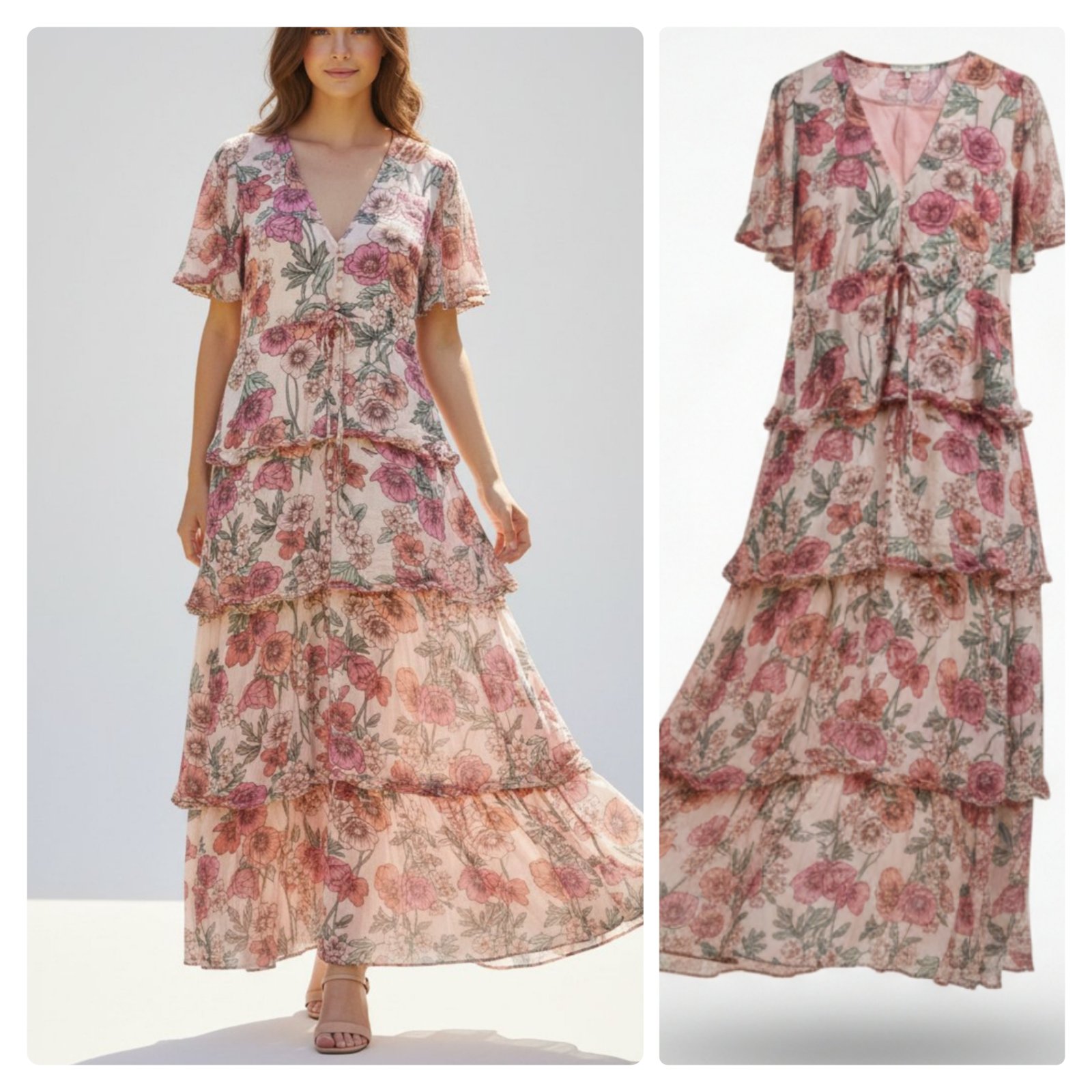 Très belle robe maxi avec volants, cordon de serrage demi manches avec volant de la marque Abel Label