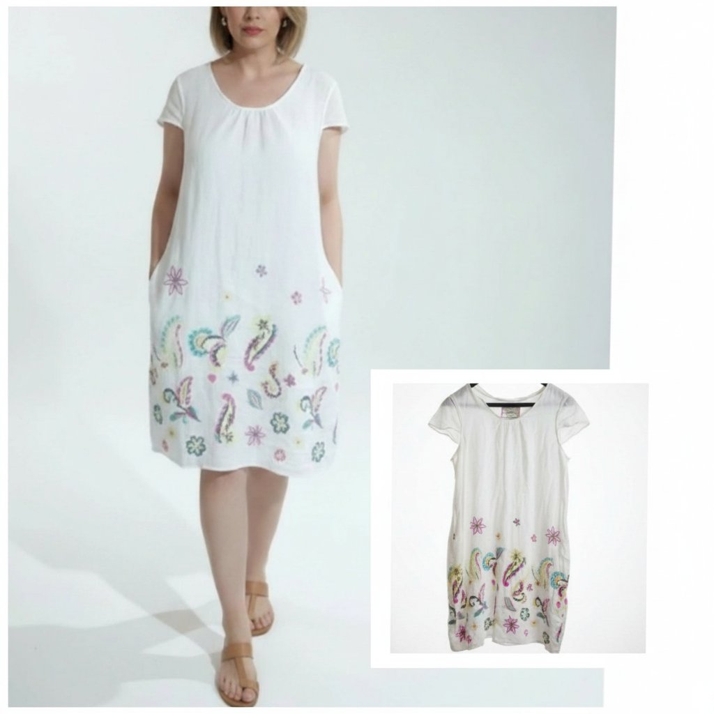 Très belle robe en lin et doublure en coton avec de belles broderies taille 40/42 de la marque Malvin