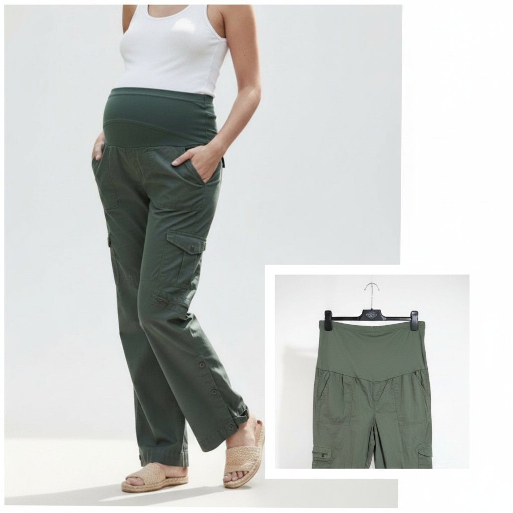Pantalon cargo large de grossesse vert kaki transformable en bermuda coupe décontractée de la marque George Maternity