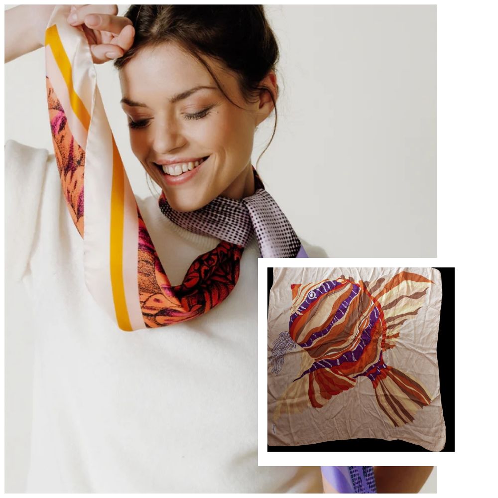 Foulard carré 90/90cm en soie ornée d'une illustration stylée d'un poisson coloré de la marque Bayron