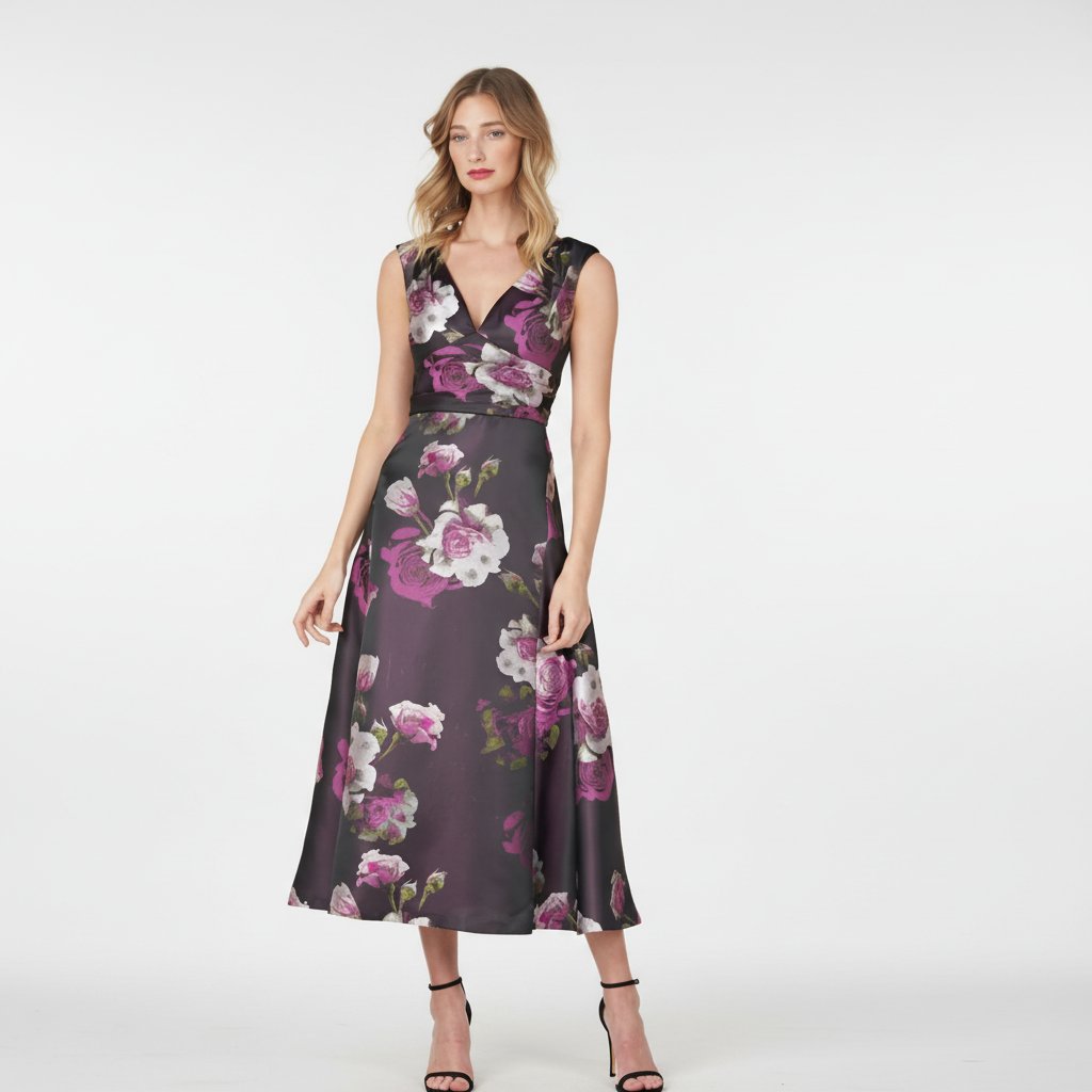 Jolie robe midi noire imprimée florale avec doublure taille 38