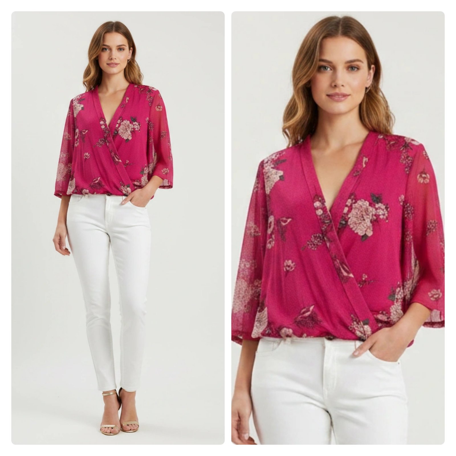 Très belle blouse rose lycra un peu pailletée avec manches transparentes taille 40 état neuf de la marque M&Co