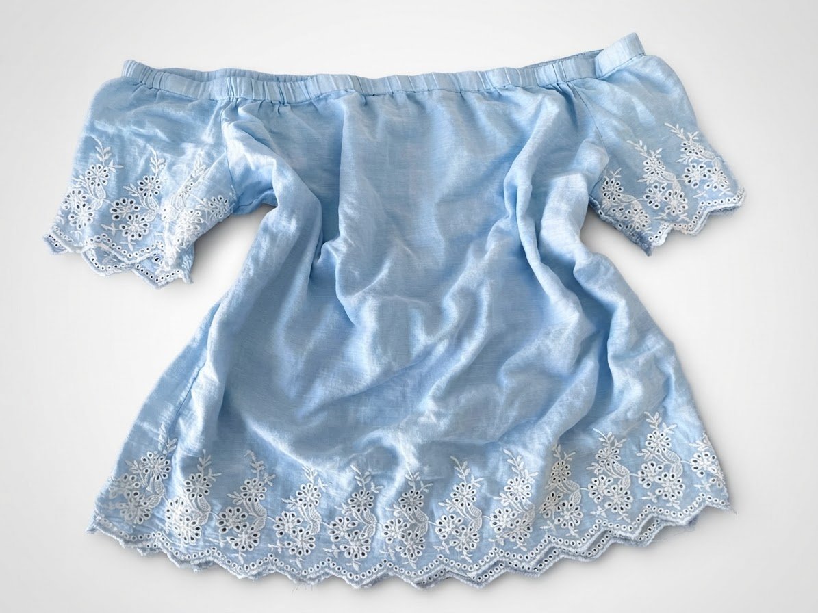 Un haut léger bleu clair 🩵🤍 a épaules dénudées et coupe ample🤩 taille 42/44