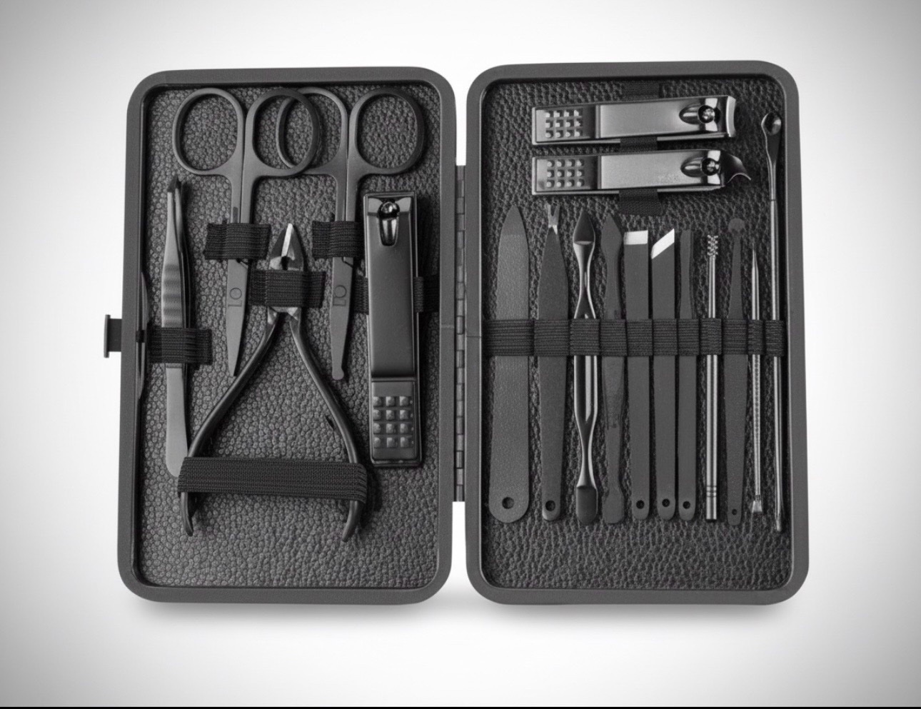 🔥🔥ensemble de manucure noir🔥🔥 comprend divers outils en acier inoxydable pour le soin des ongles et du visage.Le kit est présenté dans un étui compact en simili-cuir, idéal pour le voyage ou le rangement à domicile.