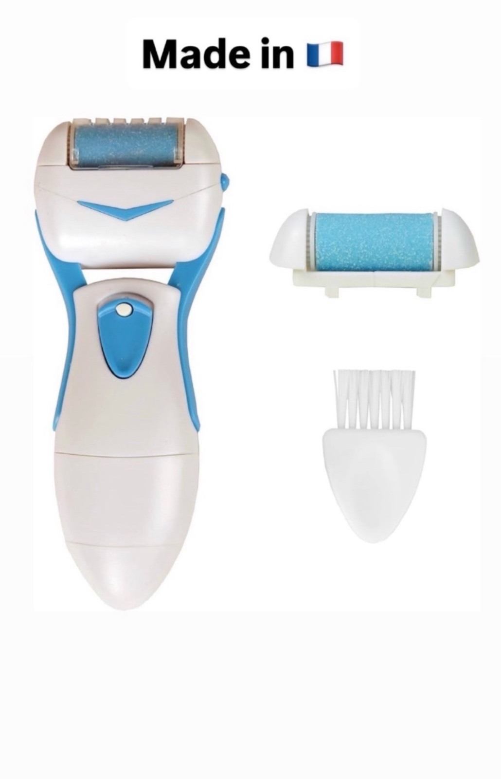 🔥🔥kit comprend une râpe à pieds électrique 🔥🔥avec un manche ergonomique blanc et bleu pour enlever les callosités.L'ensemble est livré avec des rouleaux de rechange, une brosse de nettoyage et une pochette de rangement