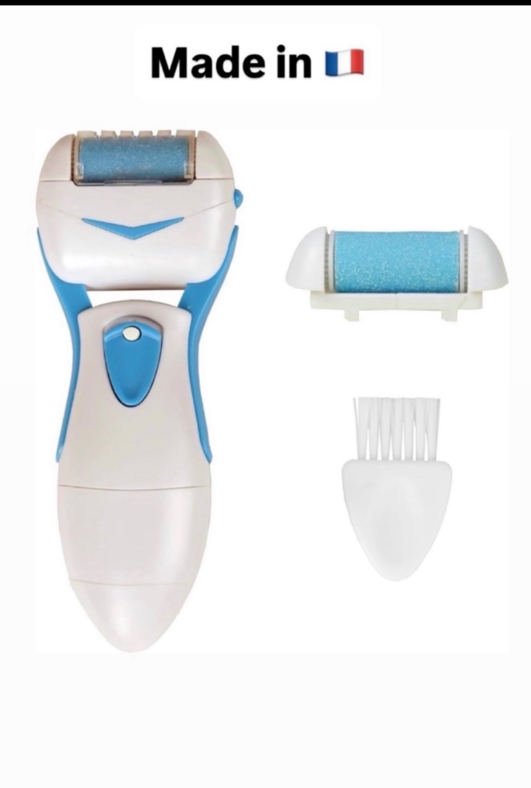 🔥🔥kit comprend une râpe à pieds électrique 🔥🔥avec un manche ergonomique blanc et bleu pour enlever les callosités.L'ensemble est livré avec des rouleaux de rechange, une brosse de nettoyage et une pochette de rangement