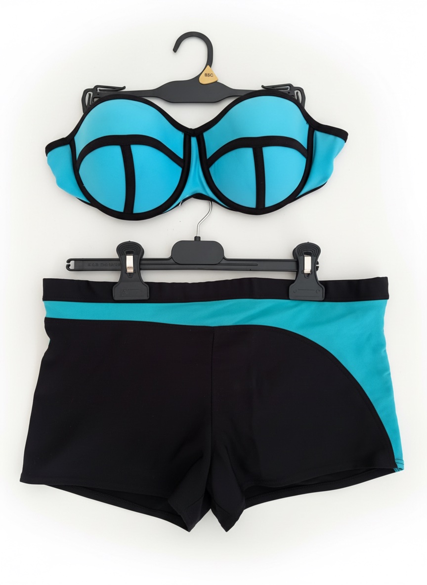 🔥🔥ensemble de bikini🔥🔥 bleu et noir, similaire aux modèles en néoprène de la marque Triangl, présente un haut bandeau structuré avec des passepoils noirs contrastants.