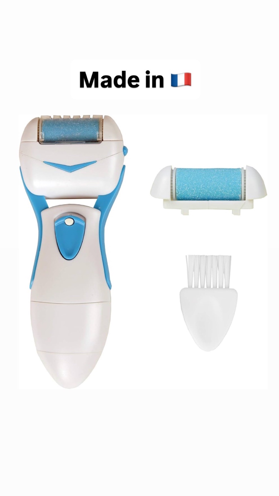 🔥🔥kit comprend une râpe à pieds électrique 🔥🔥avec un manche ergonomique blanc et bleu pour enlever les callosités.L'ensemble est livré avec des rouleaux de rechange, une brosse de nettoyage et une pochette de rangement
