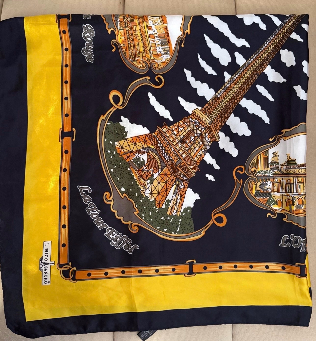  Mico Sancho (paris)🇫🇷🇫🇷 J Mico Sancho "Souvenirs De Paris" Ladies Scarf (large 92cm X 92cm - Blue/gold)