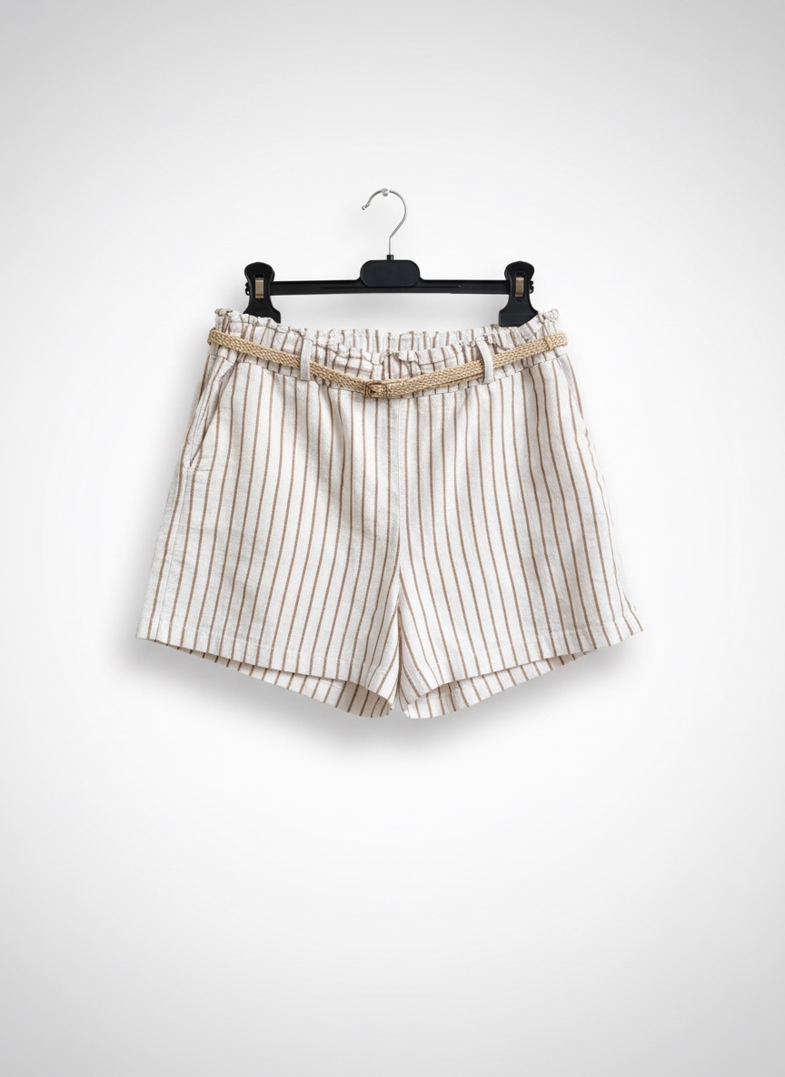 🔥short 9amraya blanc àuuu rayures beiges🔥🔥 est doté d'une taille élastique et d'une ceinture tressée Taille S M L 