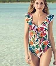 Maillot de bain une pièce Avon taille S M 🔥 est🔥 caractéris🔥 par un imprimé tropical floral vibrant sur fond blanc.Il présente des détails de volants (ruffles) élégants au niveau du décolleté.