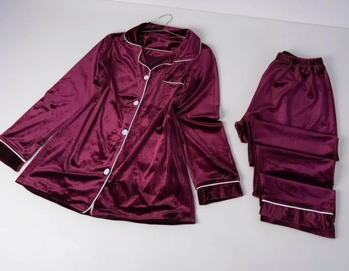 🔥🔥Ensemble de pyjama en velours bordeaux 🔥🔥 neuf avec des finitions contrastées blanches.