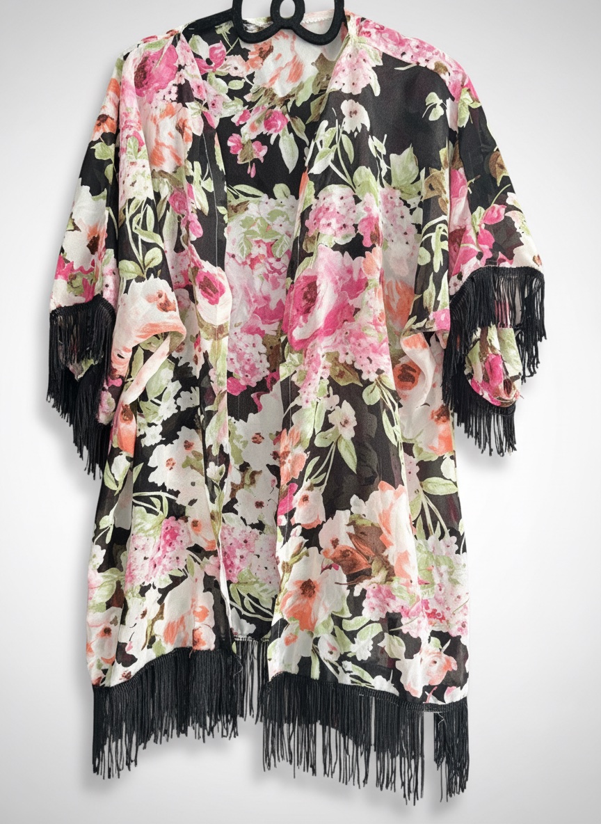🔥🔥kimono cardigan en mousseline 🔥🔥noire présente un imprimé floral rose et blanc vibrant, complété par des détails de franges noires sur l'ourlet 