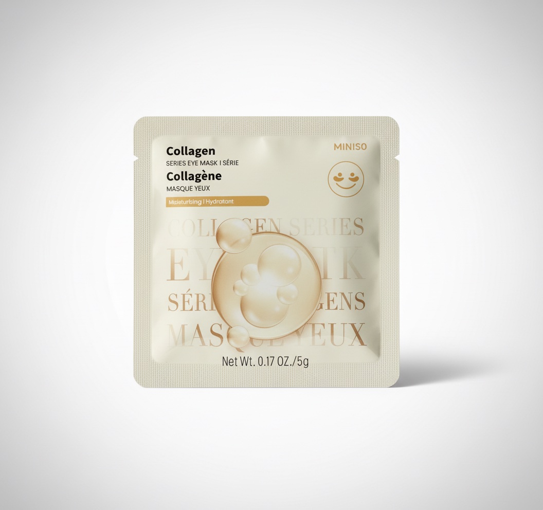 🔥🔥masque pour les yeux au collagène de Miniso 🔥est conçu pour hydrater la peau.Il est présenté comme un produit pratique pour une hydratation rapide du contour des yeux.Le paquet contient 5g de produit.