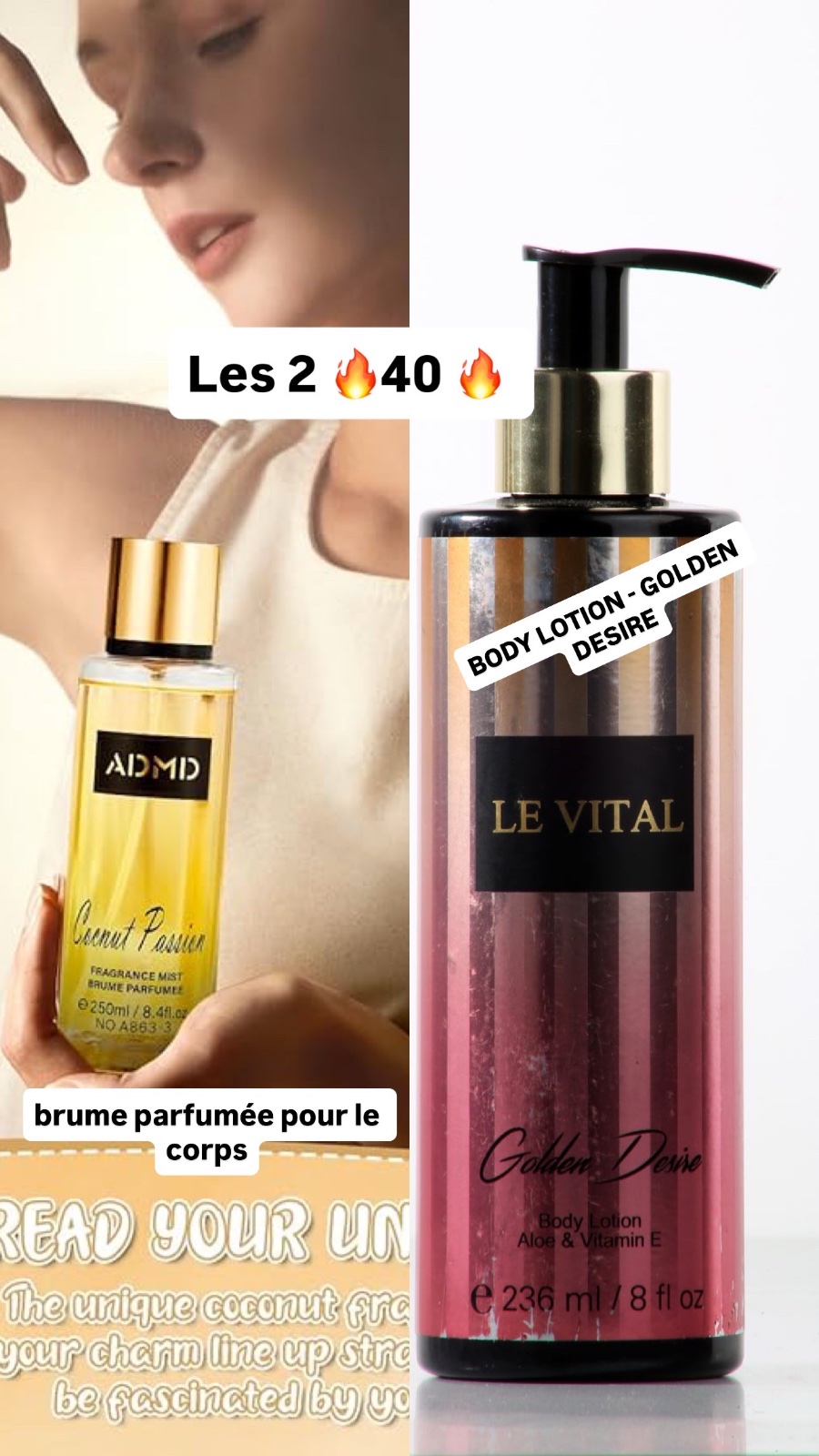 Brume parfumée pour le corps de la marque ADMD, modèle Coconut Passion, d'une contenance de 250 ml.