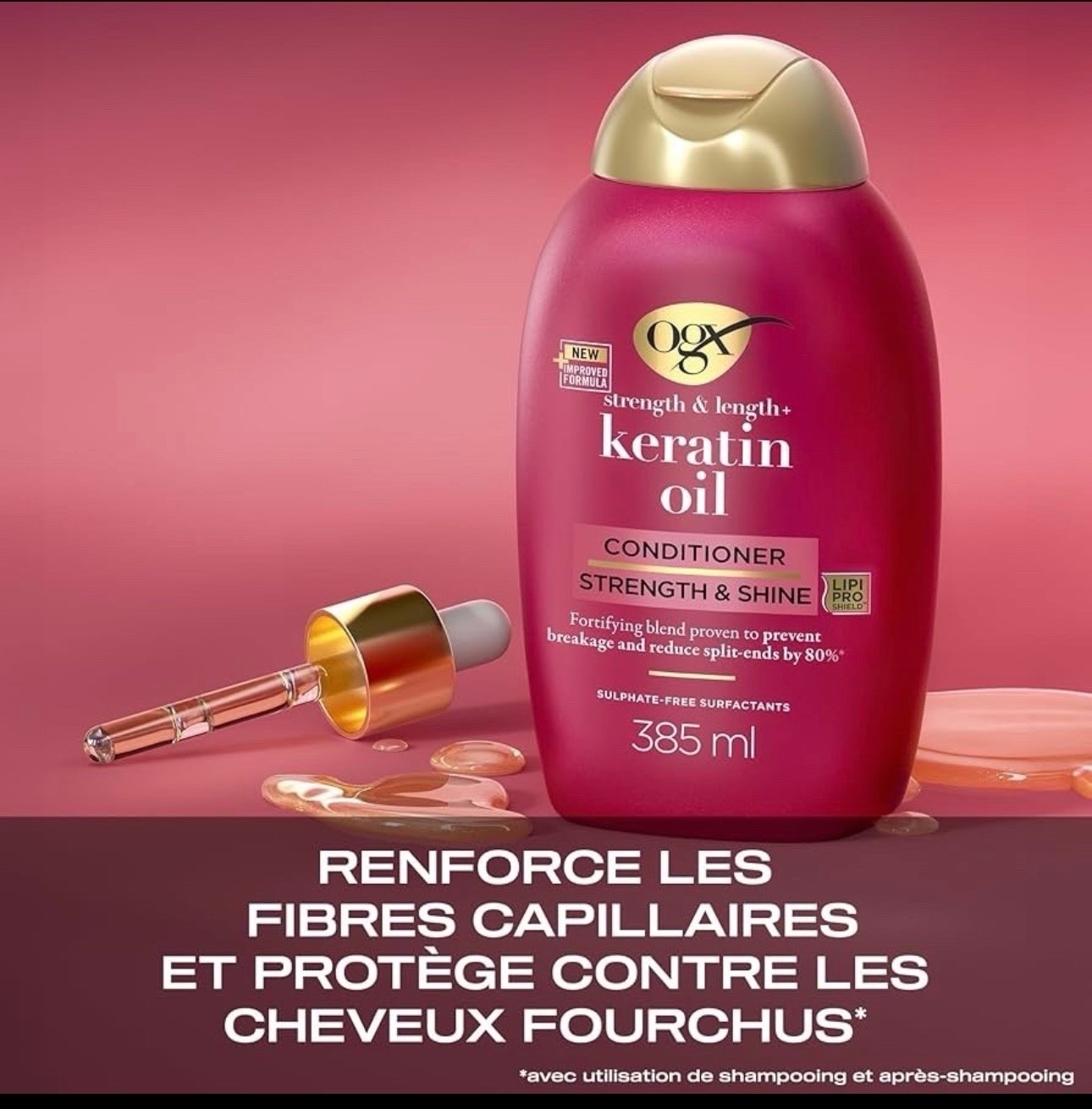 🔥🔥L'après-shampooing OGX🔥🔥 Anti-Breakage + Keratin Oil, un produit de soin capillaire de 385 ml conçu pour renforcer et réparer les cheveux.