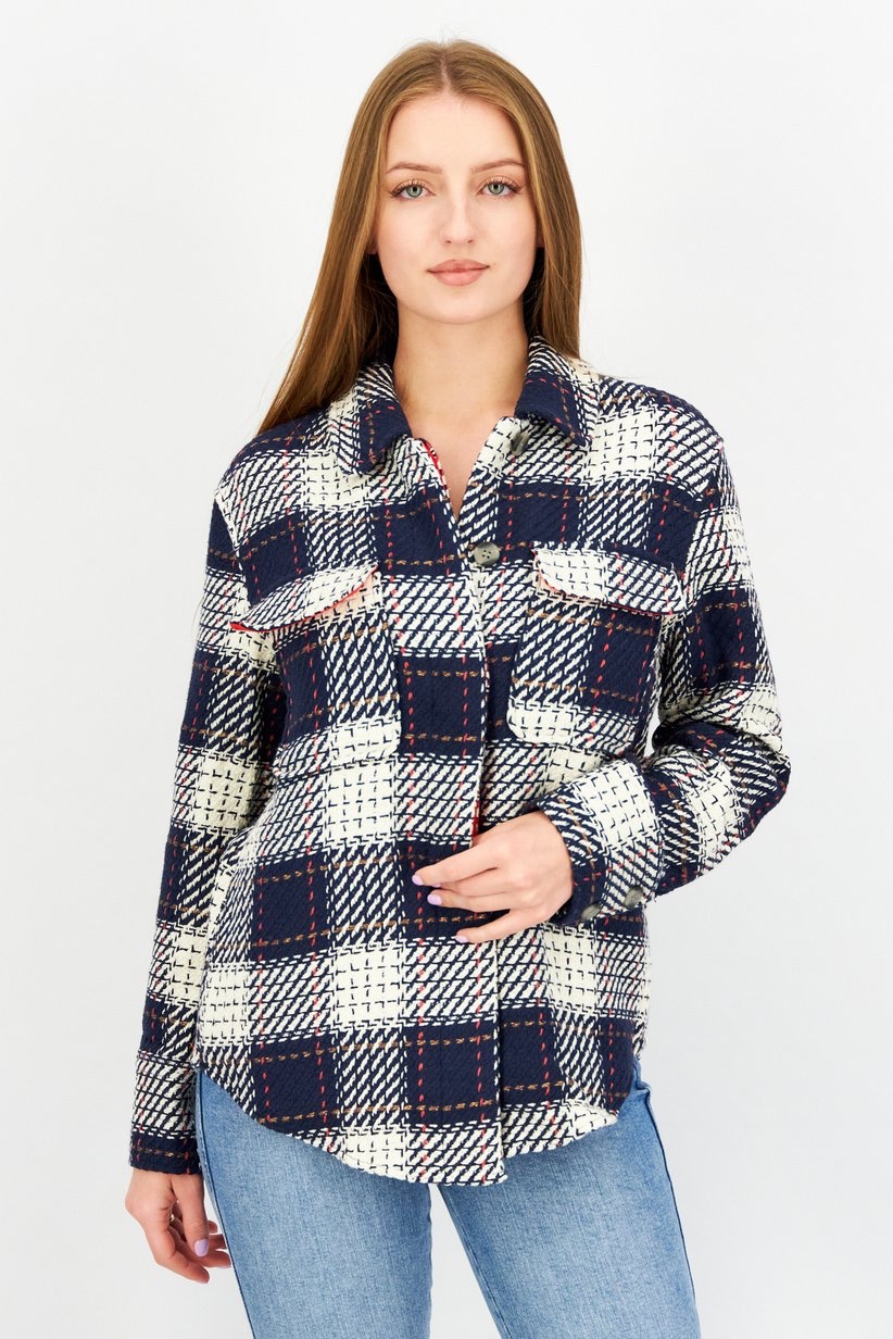 Veste légère à carreaux écossais bleu marine,🔥🔥 blanc et rouge,de la marque ESPRIT dotée de poches à rabat sur la poitrine et de boutons sur le devant