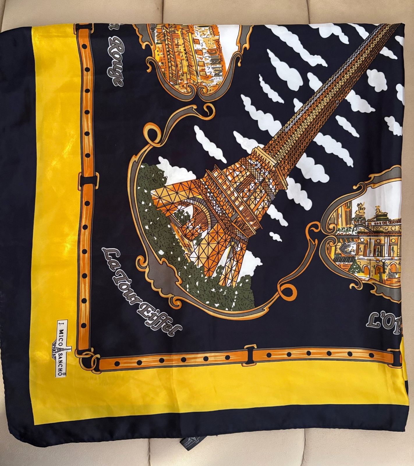  J Mico Sancho (paris) J Mico Sancho "Souvenirs De Paris" Ladies Scarf (large 92cm X 92cm - Blue/gold)