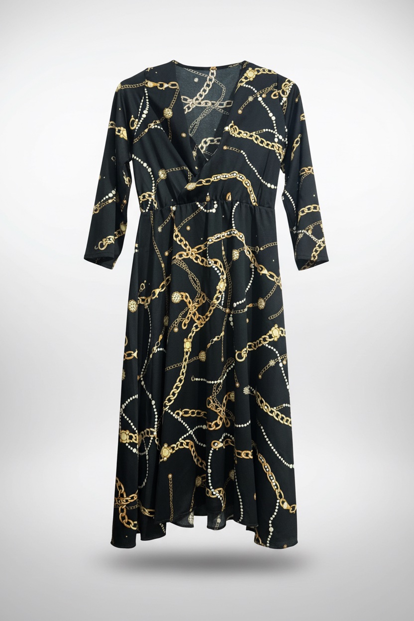 Robe noire à manches longues présente un motif de chaînes dorées et une ceinture assortie🇫🇷 Taille S M 