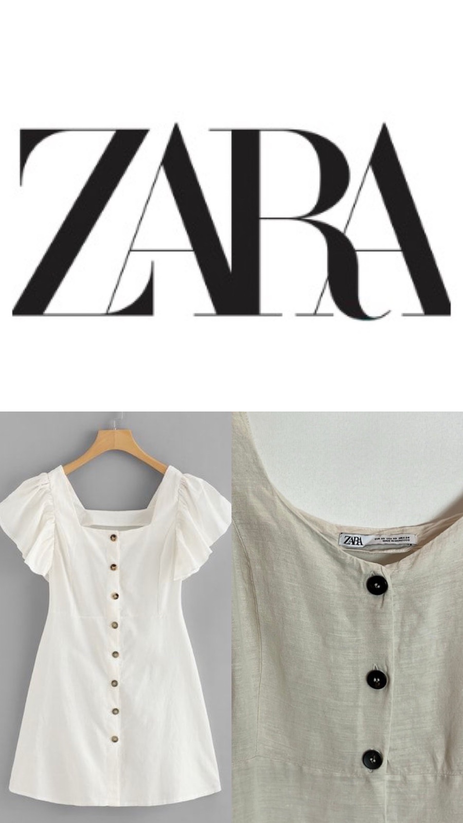 Cette robe blanche Zara présente des manches à volants caractéristiques et une fermeture boutonnée sur le devant