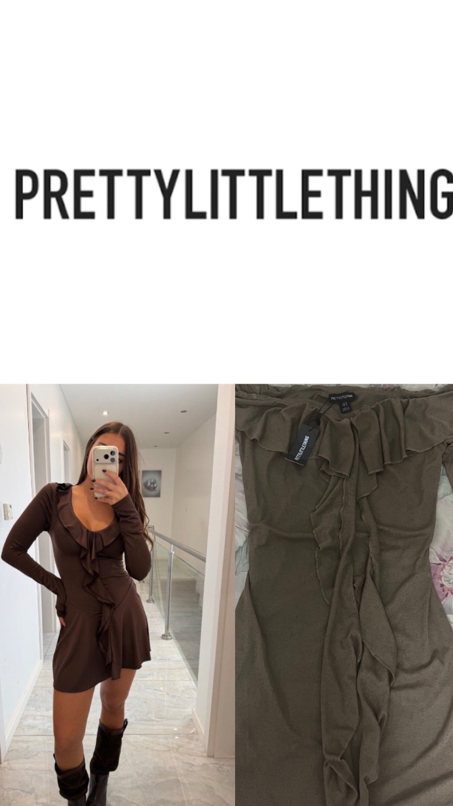 Robe PrettyLittleThing marron arbore un style épaules dénudées avec un volant central détaillé