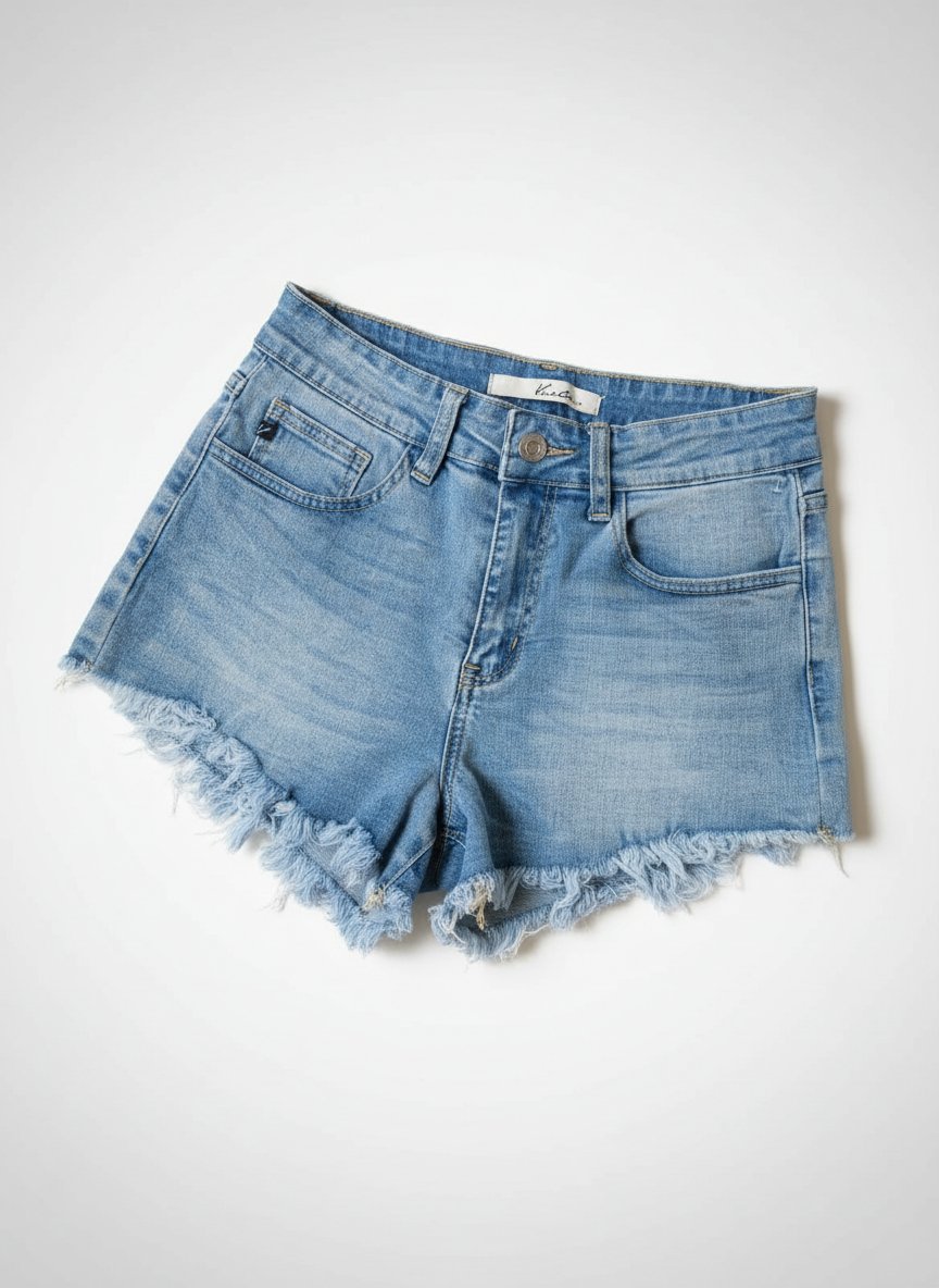 Mini short en jean Kancan bleu clair – Taille haute et franges épaisses