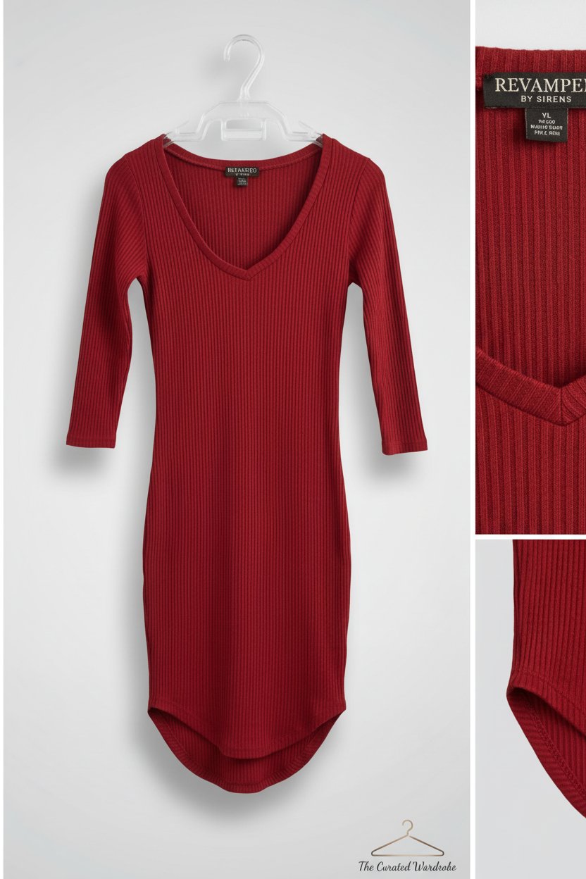 Robe moulante bordeaux côtelée - Col V