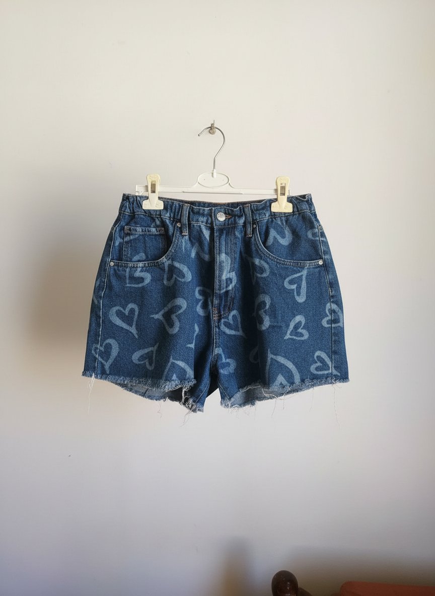 Short en jean bleu à imprimé cœurs –0 Style décontracté / Y2K