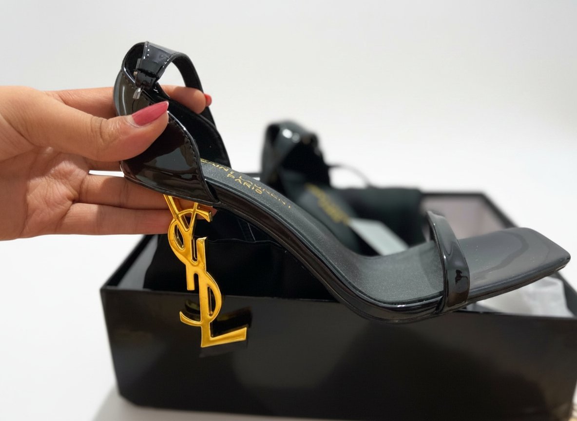 Dales à talons Saint Laurent (YSL) noires en cuir verni brillant.