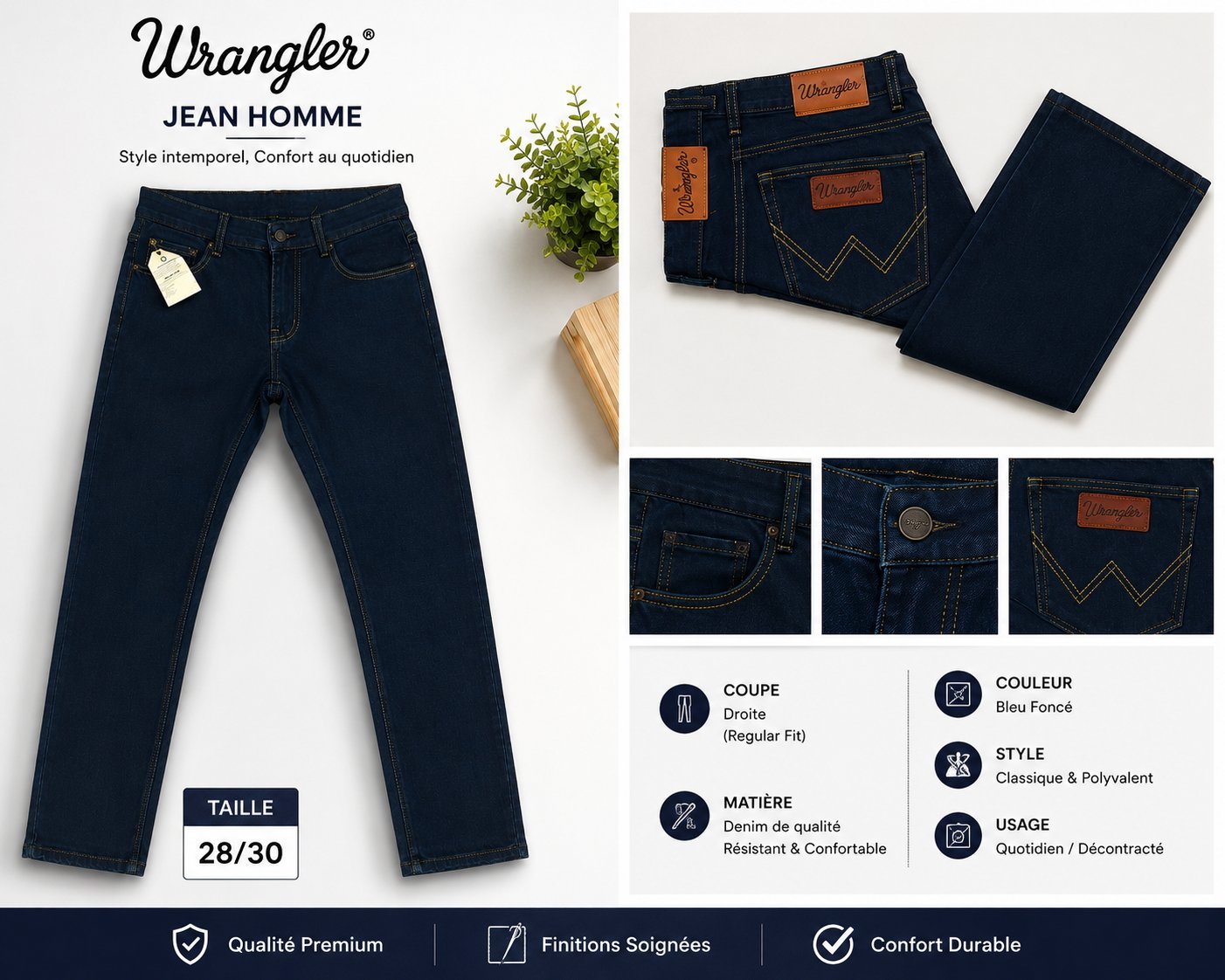 Marque : Wrangler® 📏 Taille : 28/30 🎨 Couleur : Bleu foncé ✂️ Coupe : Droite (Regular Fit) ✨ État : Neuf avec étiquettes