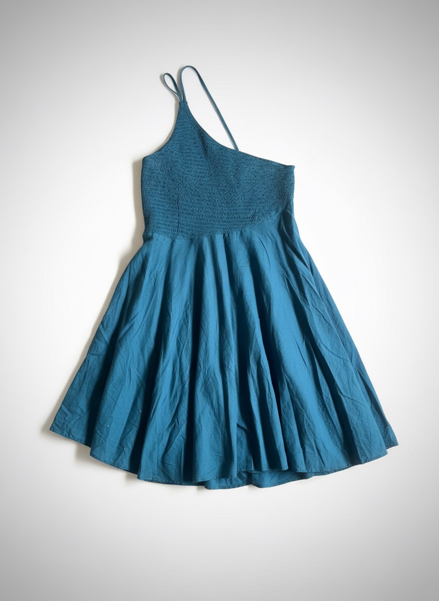 Robe asymetrique en lin couleur bleu petrole 