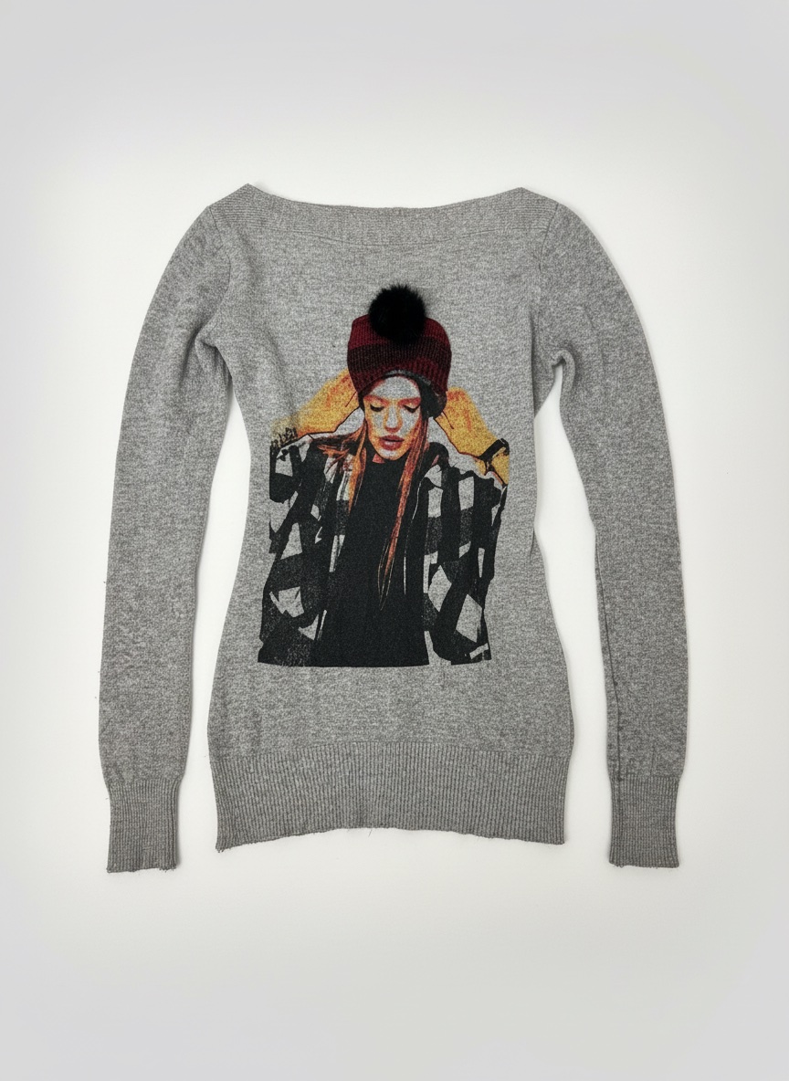 Pull gris chiné avec imprimé graphique - Taille S/M