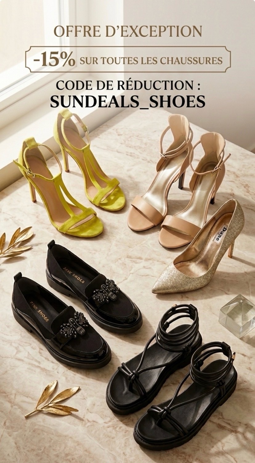 -15% sur toutes les chaussures avec le code SUNDEALS_SHOES ! En plus, un cadeau est offert avec chaque commande ! ✨